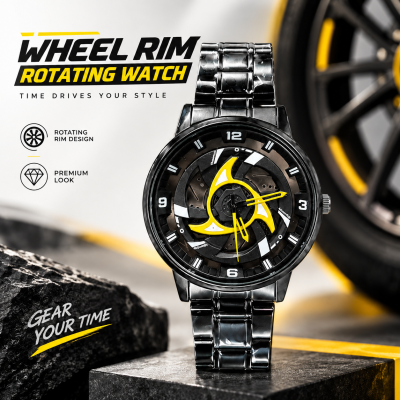 360° Rotating Car Wheel Rim Quartz Watch – Matte Black Metal Sports Wristwatch, 3D Alloy Rim & Brake Disc Dial, Stainless Steel Strap & Scratch-Resistant Glass for Men